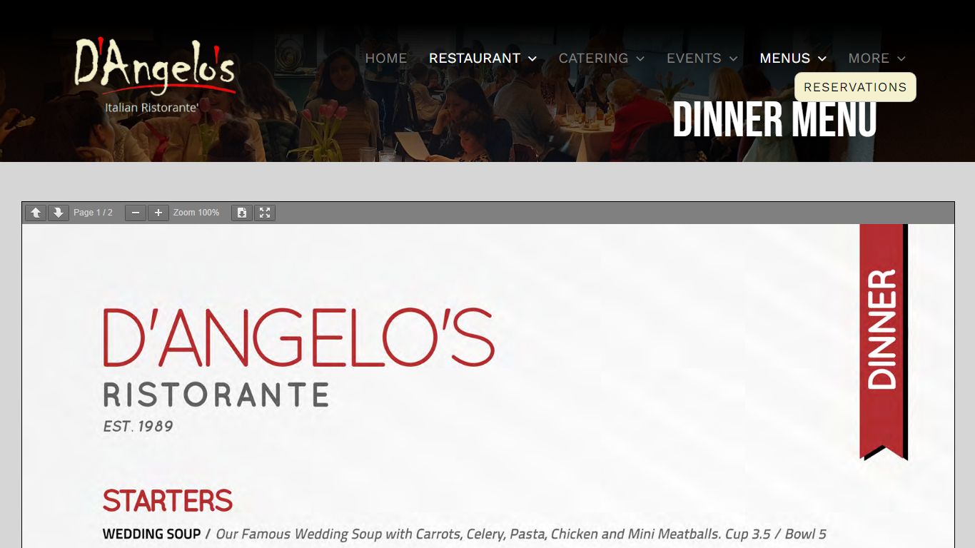 Dinner Menu - D'Angelo's Italian Ristorante'